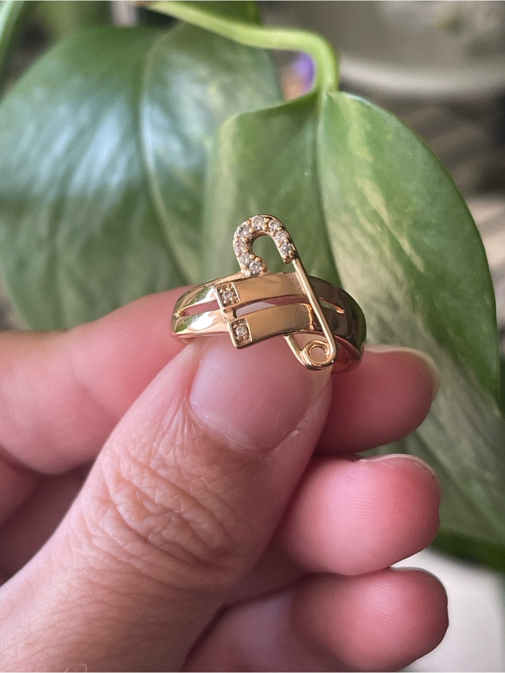 Gold Safety Pin Ring with Pavé Crystals